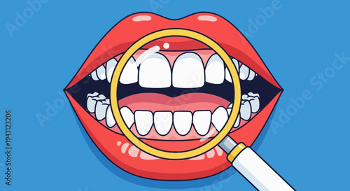 Smiling mouth with magnifying glass examining teeth, dental health concept with red lips and white teeth on blue background