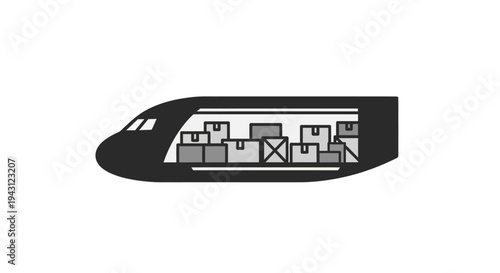 Black and white illustration of a train carriage interior with seats and windows on a plain white background.