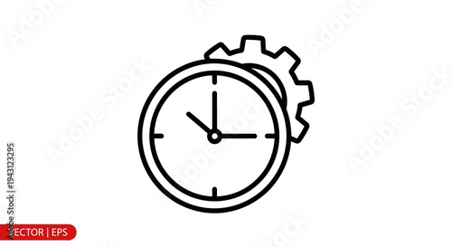 Vector illustration of a clock with gear icon in black line art on a white background.