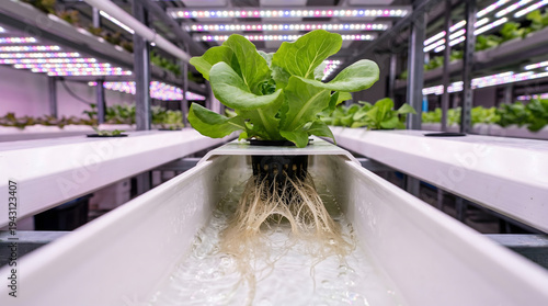 Hydroponic Lettuce Growing in Indoor Vertical Farm With Exposed Roots and LED Lighting Technology