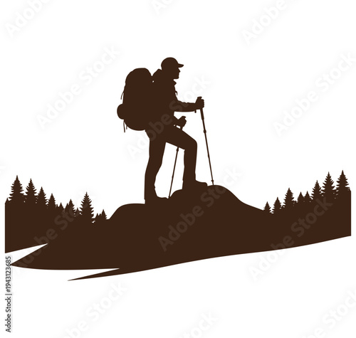 man hiking on a mountain with trekking poles and backpack on white