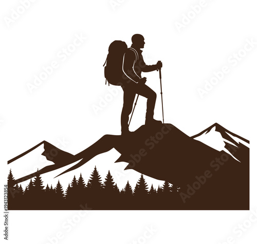 man hiking on mountain peak with backpack and trekking poles in nature landscape