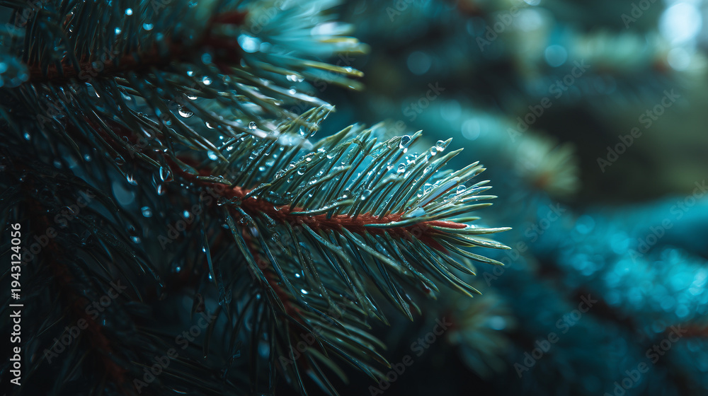 Fototapeta premium Close-up macro shot of a dark pine branch covered in tiny water droplets, shimmering with a subtle blue-green hue, evoking a sense of winter freshness and crispness