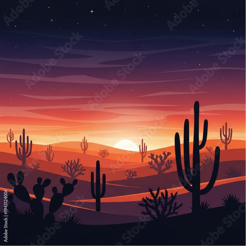 Desert Landscape with Cacti at Sunset.