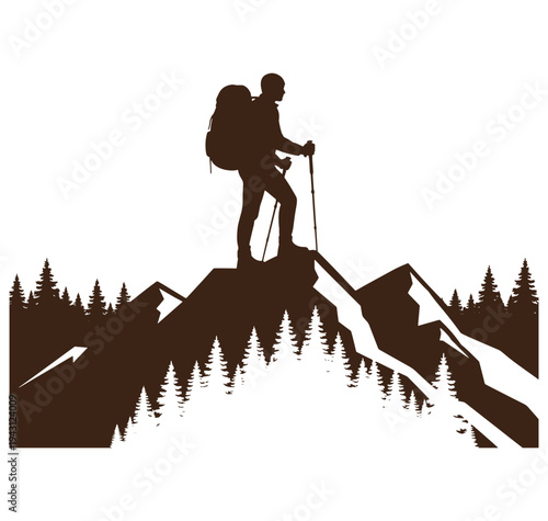 Man hiking on mountain peak with backpack and trekking poles in nature
