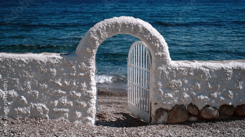 White archway and gate opening to ocean view scenic coastal landscape