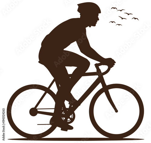 man riding bicycle with birds flying overhead in the air