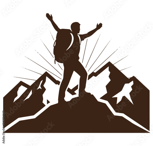 man standing on mountain peak with arms raised in triumph and backpack on his back