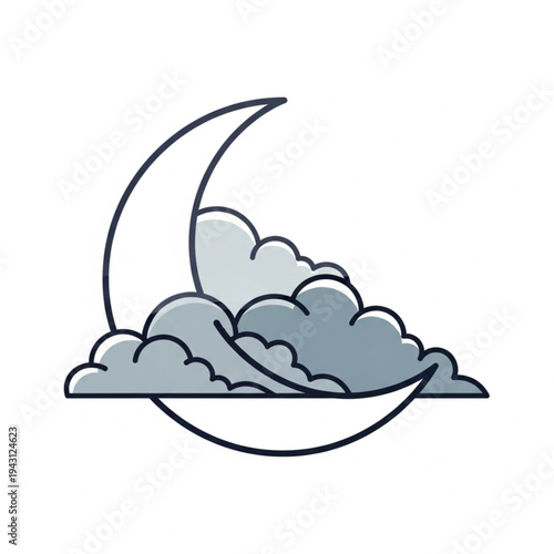 Crescent Moon Behind Gray Clouds Illustration.