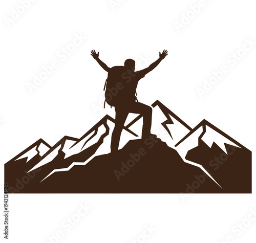 man standing on mountain peak with arms raised in triumph and backpack on white background