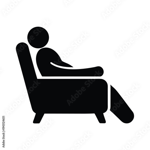 A minimalist black and white icon of person relaxing in a chair