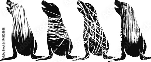 abstract black and white sea lion silhouettes with textured line patterns, artistic animal design