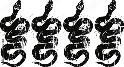 Grunge black coiled snake illustration repeated in row with distressed texture effect