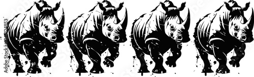 black and white silhouette pattern of rhinos in different poses on white background