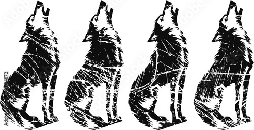 grunge howl wolf silhouette set, distressed animal emblem design for nature and wild themes