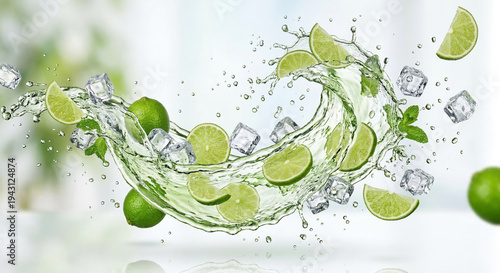 Fresh cold pure flavored water with lime wave splash. Lime fruit infused water or lemonade wave swirl. Healthy flavored detox drink splash concept with lime fruit and ice cubes.