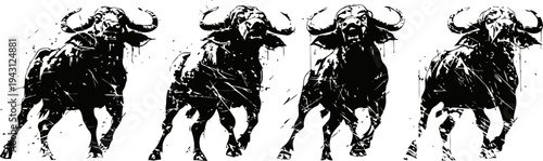four black buffalo silhouettes in dynamic running motion with splash ink effect
