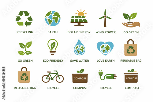 Eco friendly icons and sustainable living symbols