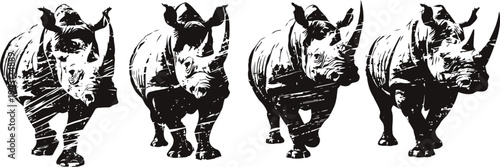 black silhouette vector illustration of a walking rhinoceros in multiple poses