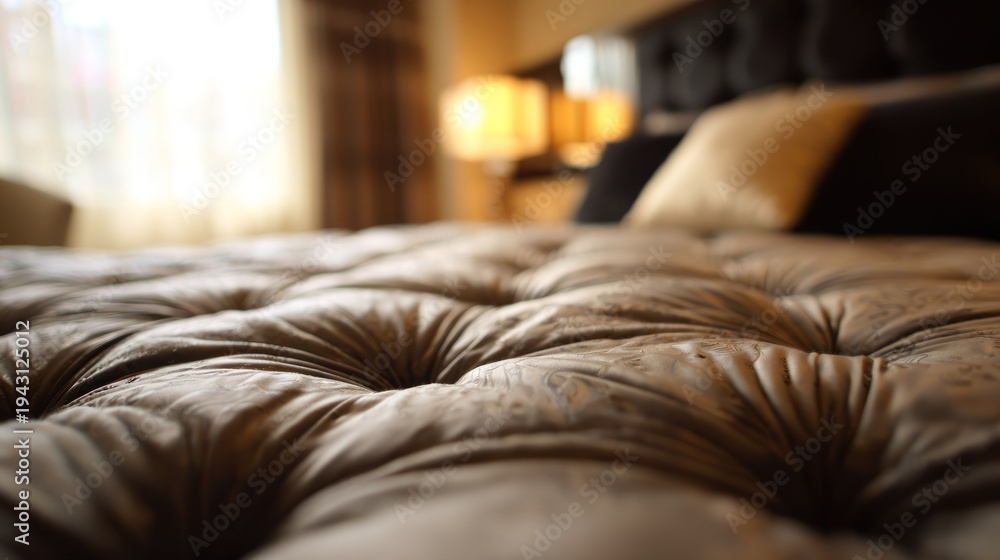 Obraz premium Close up of a luxurious bed with textured quilted brown comforter and pillows