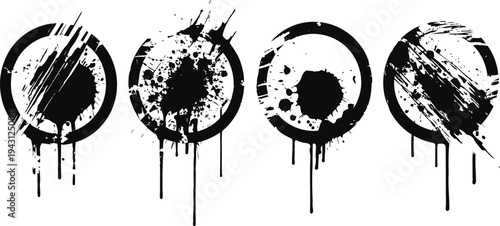 grungy black circular shapes with splatters and drips abstract distressed round ink blot designs