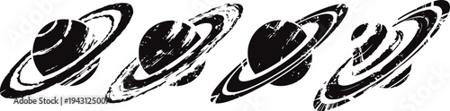 abstract black and white vintage saturn planet illustrations with rings in textured grunge design