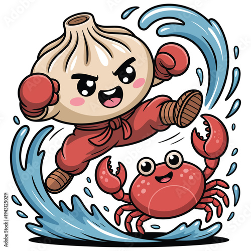 Cartoon dim sum dumpling ninja fighting crab, dynamic action pose, martial arts, water splashes, cute food character, fun