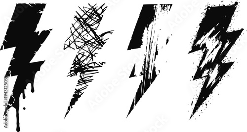 Black grunge lightning bolt icons four different jagged electrifying energy symbols, bold textured isolated shapes