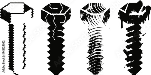Metal screws and bolt silhouettes in various shapes and sizes with thread details on white background