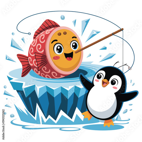 Cute cartoon penguin fishing for happy fish on ice floe in ocean water with fishing rod and bait delightful winter scene for children