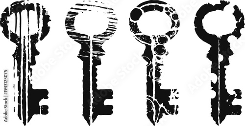 Vintage black keys illustration set of four old fashioned keys with worn texture antique objects design