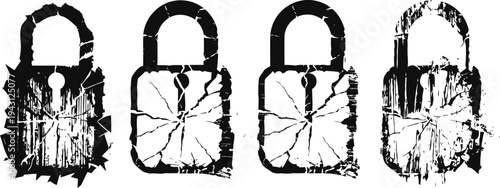 Four distressed black grunge padlocks icons in different worn out styles security and protection concept