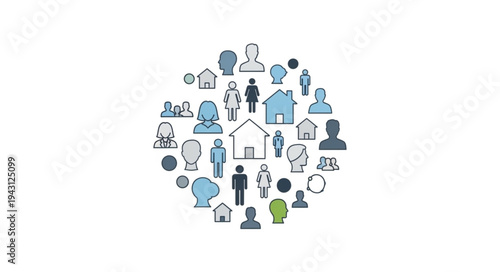 Collection of social and community icons in a circle.