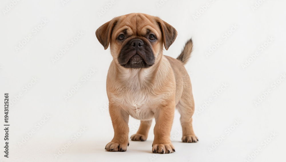 Fototapeta premium Cute Puggle Puppy Standing Alertly on White Background