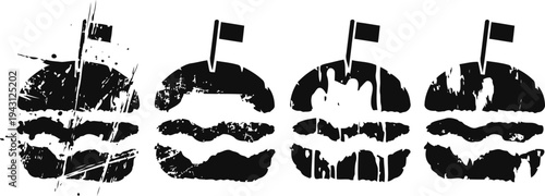Black burger icons set with flag designs for fast food and restaurant menus