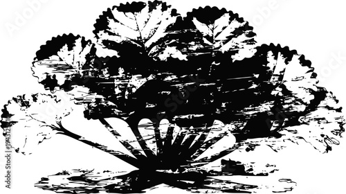 Silhouette of a large tree with sprawling branches and dense foliage on a white background