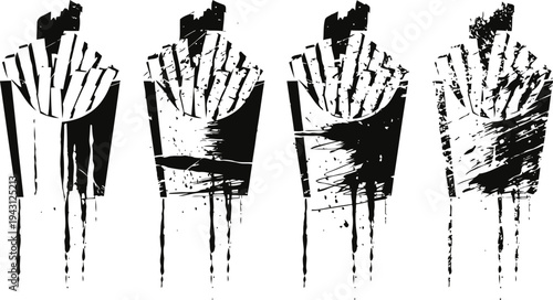 grunge french fries set crispy potato fries in paper containers isolated fast food illustration with textured distressed effect