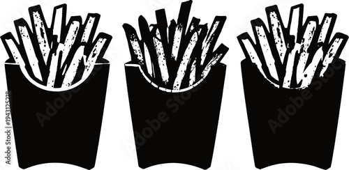 Three black silhouette french fries containers in a row, fast food icon illustration