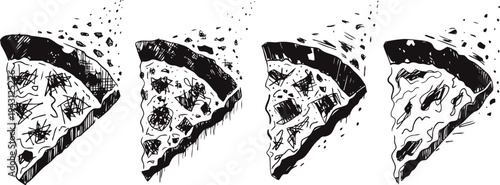 four black and white hand drawn pizza slices in various styles, pepperoni and cheese toppings