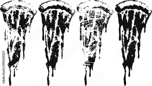 Four black ink pizza slices sketches with dripping melted cheese and textured crust