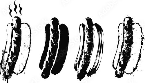 Grunge hot dog set with bun variations fast food sandwich, classic american meal illustration