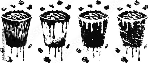 Dripping paint bucket icons set four grunge black silhouettes with splashes and dripping liquid