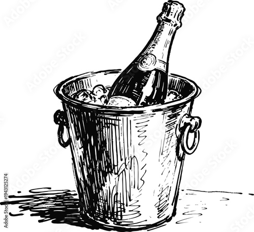 Vintage hand drawn champagne bottle in ice bucket illustration with detailed line art