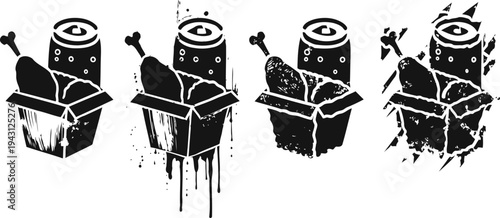 grunge fast food takeout containers with chicken drumsticks and soda cups in black ink