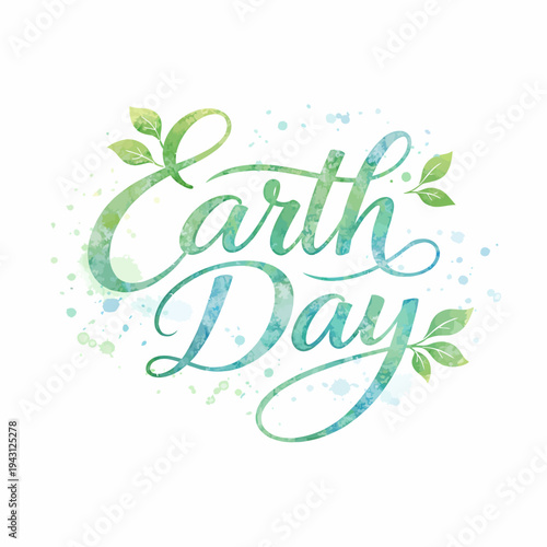 Earth day logo with green leaves and cursive text