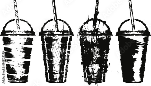 Hand drawn cold drinks with straws set refreshing beverages in textured cups summer thirst quenching illustration