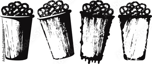 set of four vintage popcorn containers with different fill levels and angles, black and white sketch