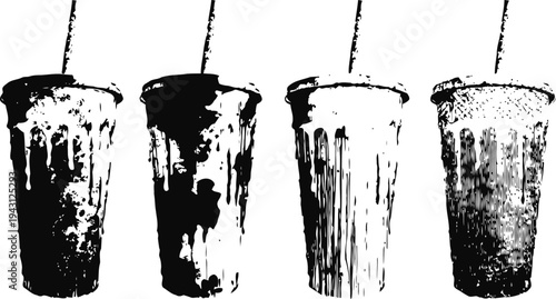 Plastic cups with straws set in different paint splatter black and white textures isolated on white background