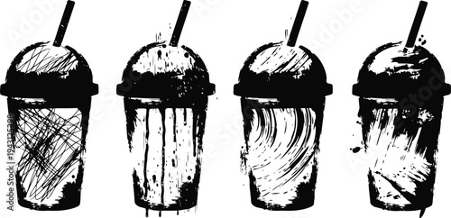 Set of four black and white abstract paint brush stroke cups with straws drawing