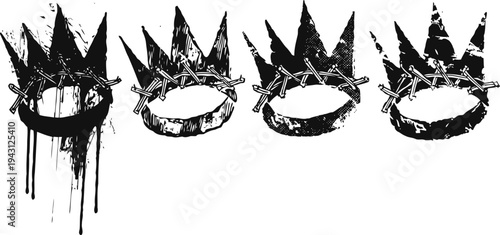 Four black crown of thorns illustrations with blood drops and sharp barbs on white background